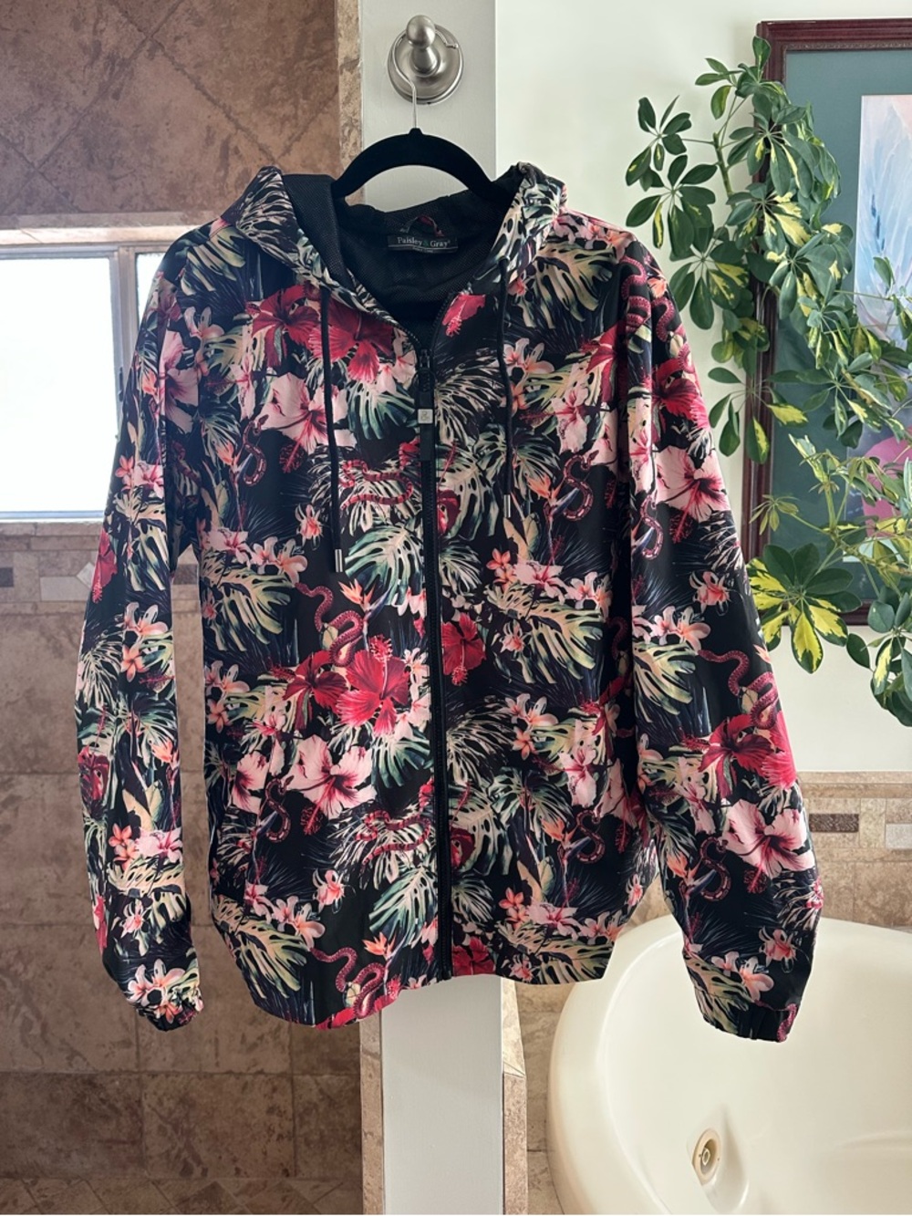 Paisley & Gray Black Hoodie Windbreaker Rain Jacket with Tropical Island Print - Picture 11 of 11